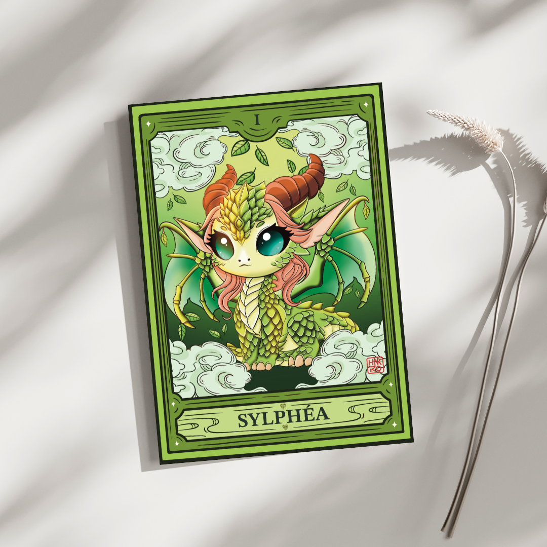 🌿 Carte postale Sylphéa – Le souffle du dragon de la forêt 🌿